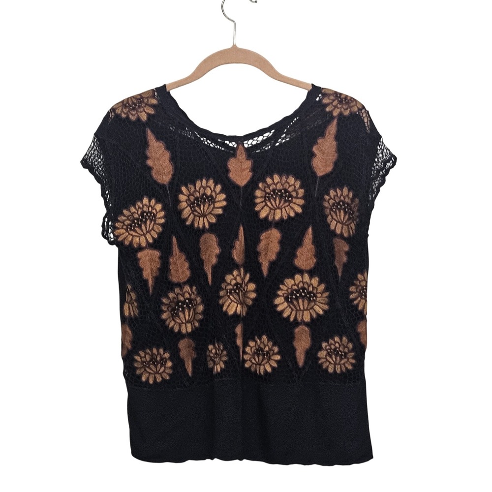 Orchid T&J Products Top Vintage L Black Copper Floral Embroidered Crochet Boho